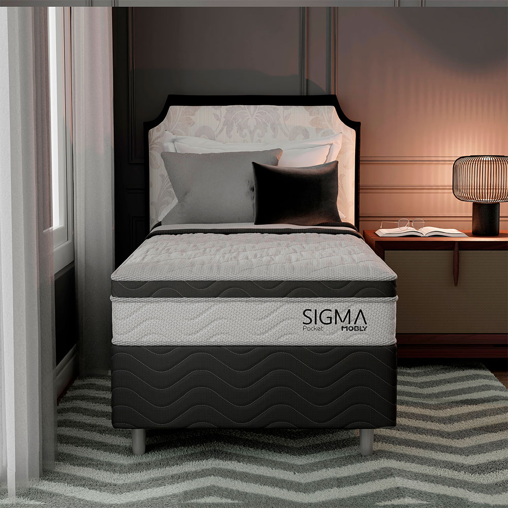Cama Box com Colchão Solteiro Sigma Molas Ensacadas (22x88x188) Branco e Cinza