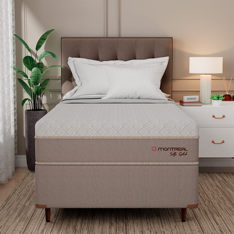 Cama Box com Colchão Solteiro Soft Gold Molas Ensacadas (28x88x188) Bege