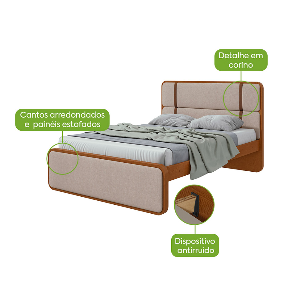 Cama Casal Leder Linho Bege e Frassino