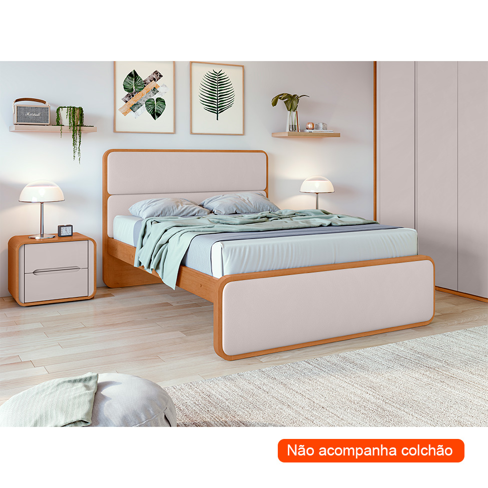 Cama Casal Loop Revestimento Sintético Bege e Amêndoa