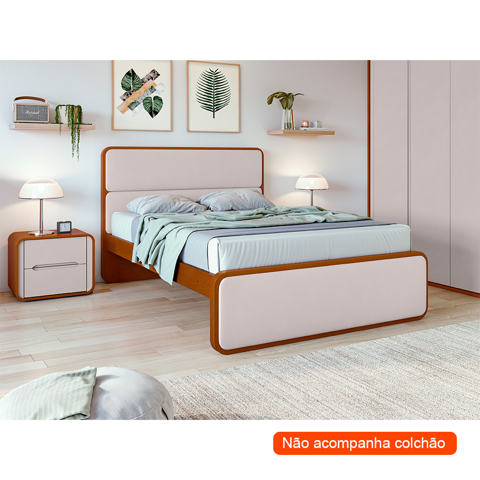 Cama Casal Loop Revestimento Sintético Bege e Frassino
