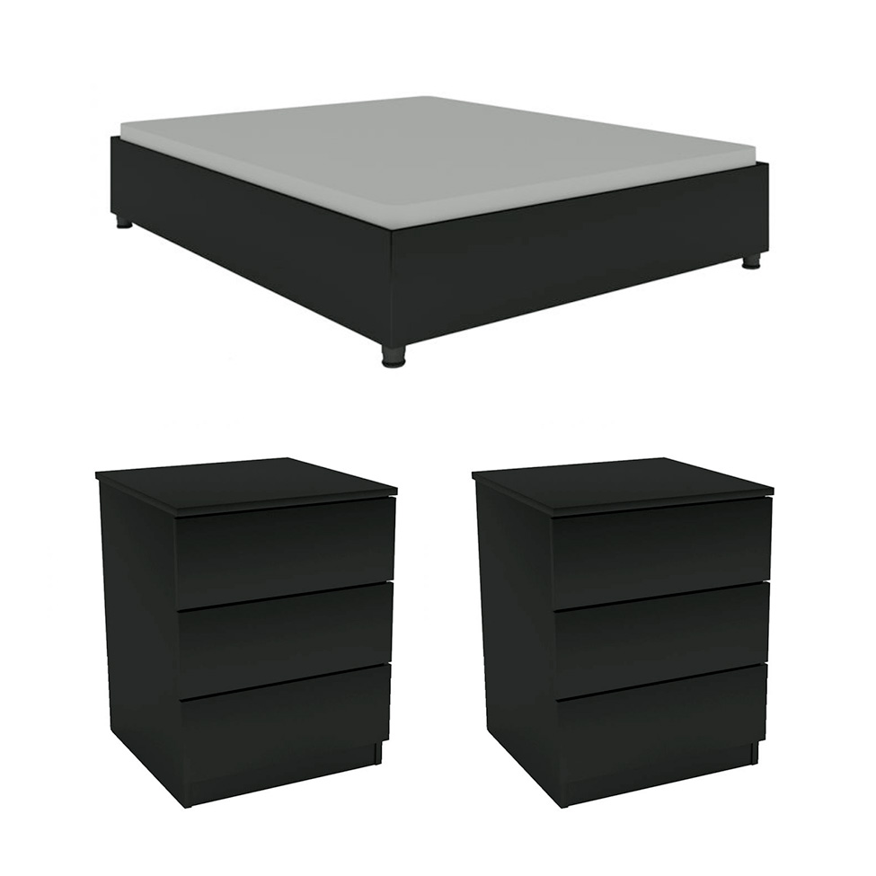 Cama Casal Monaco com 2 Mesas de Cabeceira Veronna 3 GV Preto Fosco