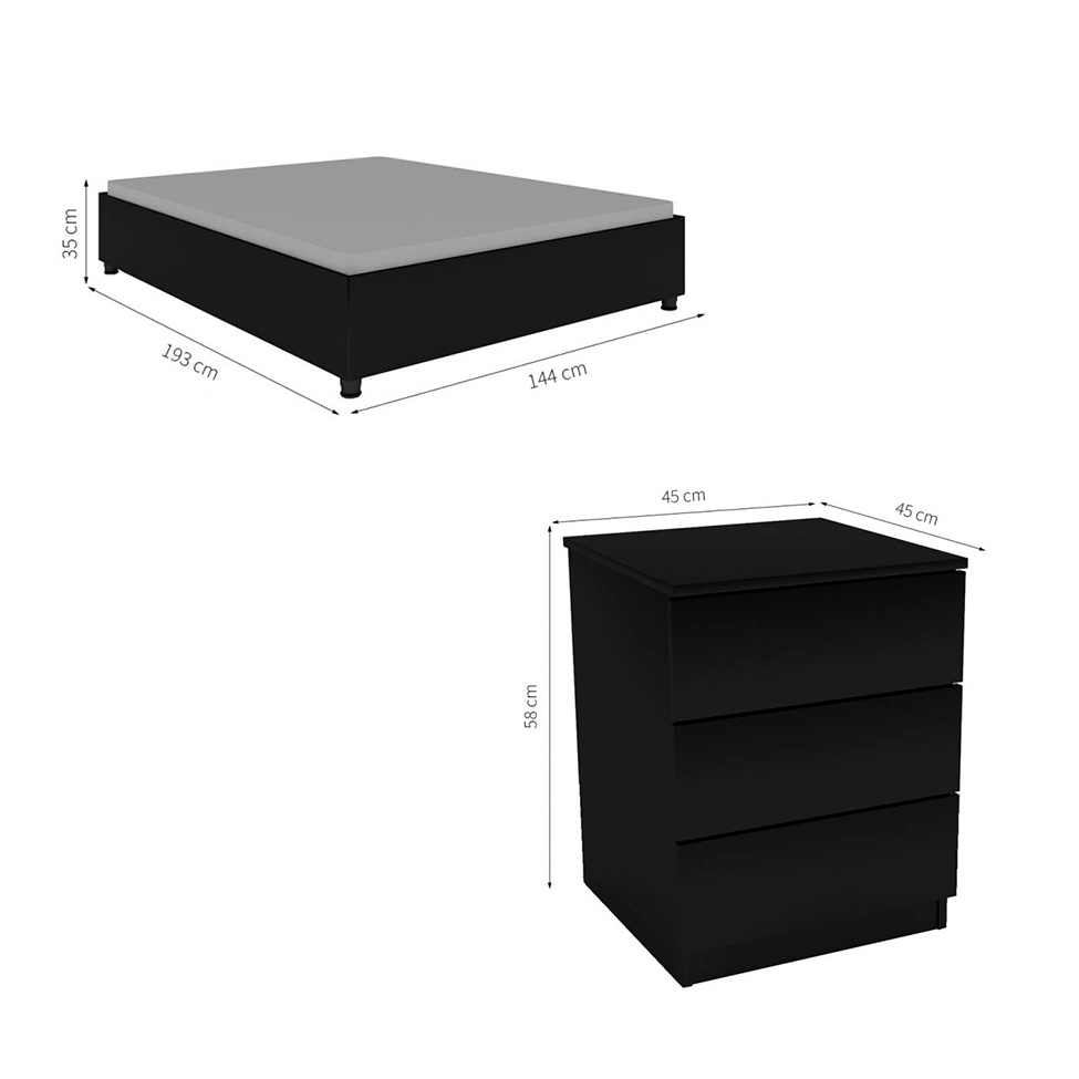 Cama Casal Monaco com 2 Mesas de Cabeceira Veronna 3 GV Preto Fosco