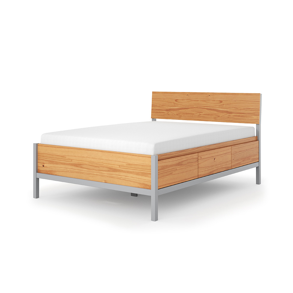 Cama Casal Square 6 Gavetas Madeira Maciça Natural Pine e Cool Grey