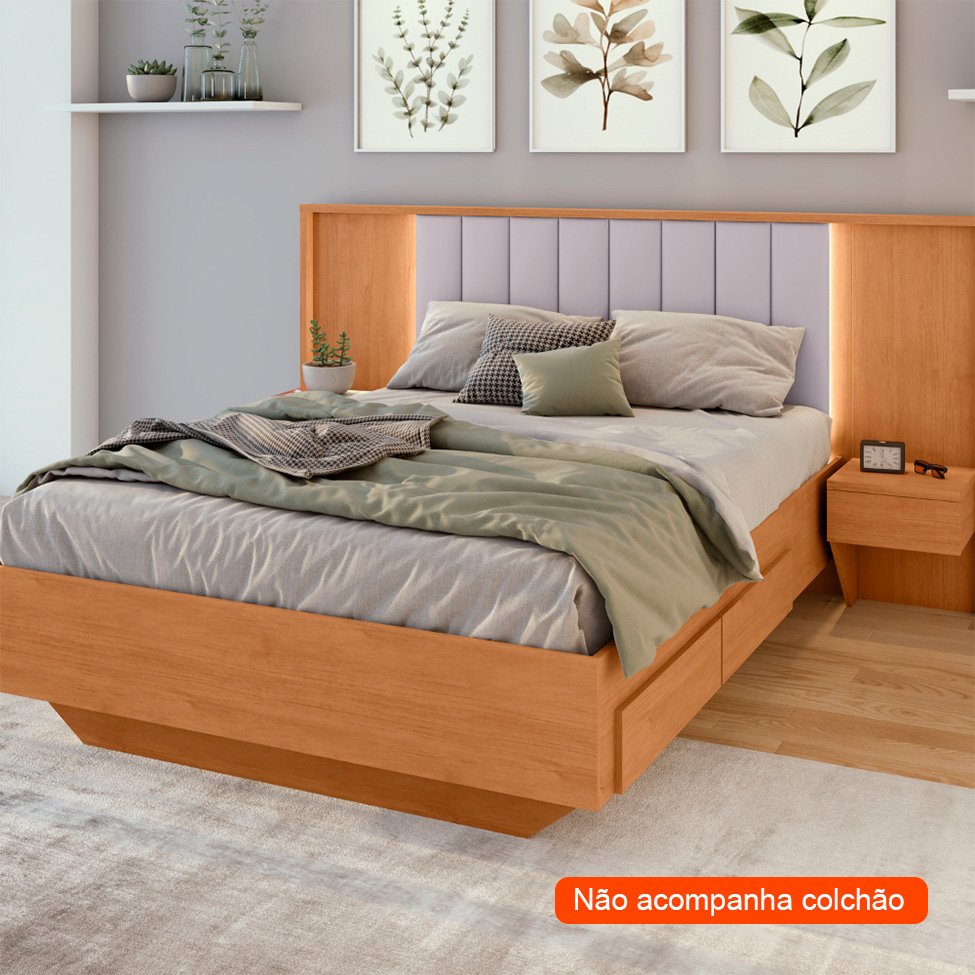 Cama Casal com 2 Mesas de Apoio Solaris 4 GV Revestimento Sintético Bege e Amêndoa