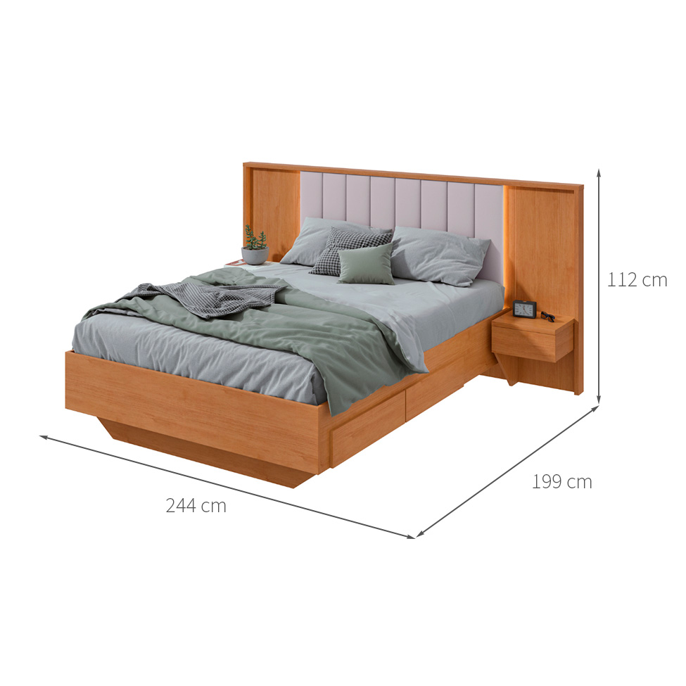 Cama Casal com 2 Mesas de Apoio Solaris 4 GV Revestimento Sintético Bege e Amêndoa