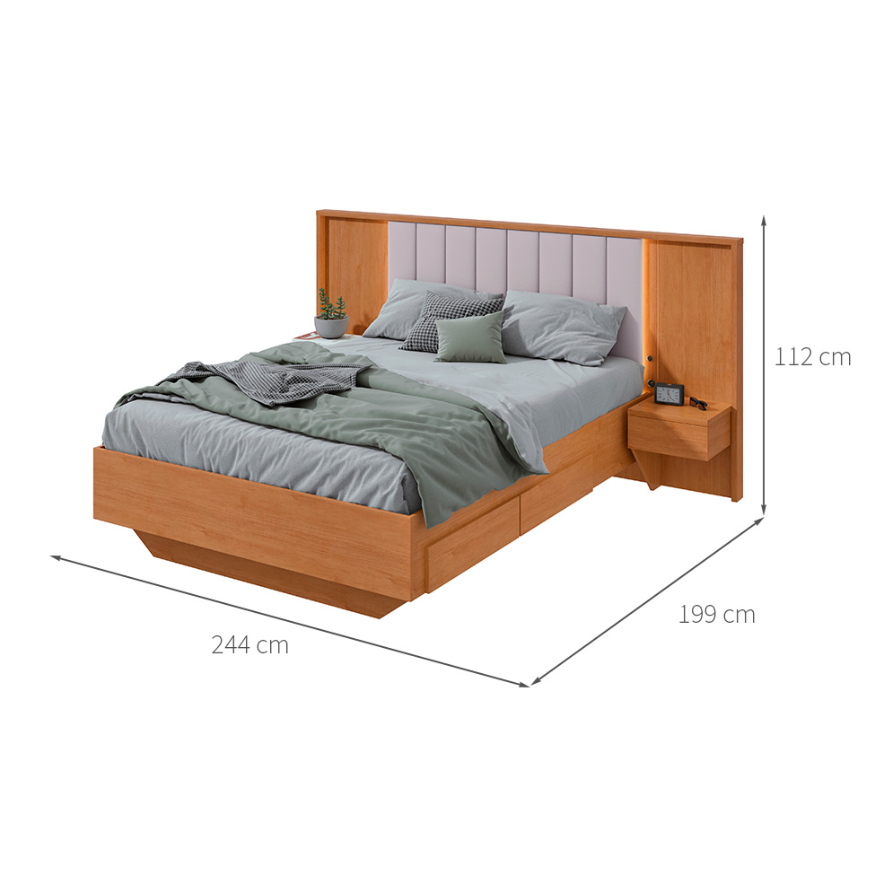 Cama Casal com 2 Mesas de Apoio USB Solaris 4 GV Revestimento Sintético Bege e Amêndoa