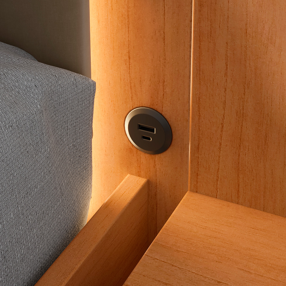 Cama Casal com 2 Mesas de Apoio USB Solaris 4 GV Revestimento Sintético Bege e Amêndoa