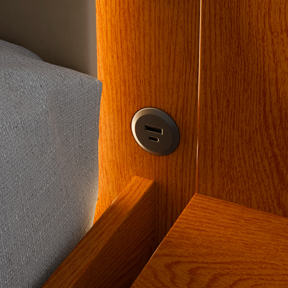 Cama Casal com 2 Mesas de Apoio USB Solaris 4 GV Revestimento Sintético Bege e Frassino