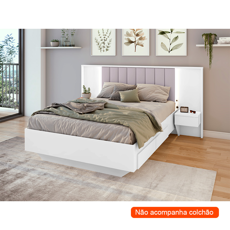 Cama Casal com 2 Mesas de Apoio e USB Solaris 4 GV Revestimento Sintético Bege e Branca