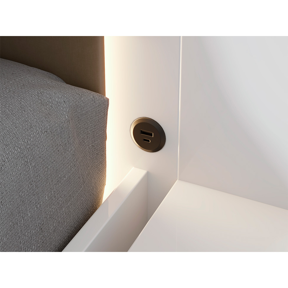 Cama Casal com 2 Mesas de Apoio e USB Solaris 4 GV Revestimento Sintético Bege e Branca