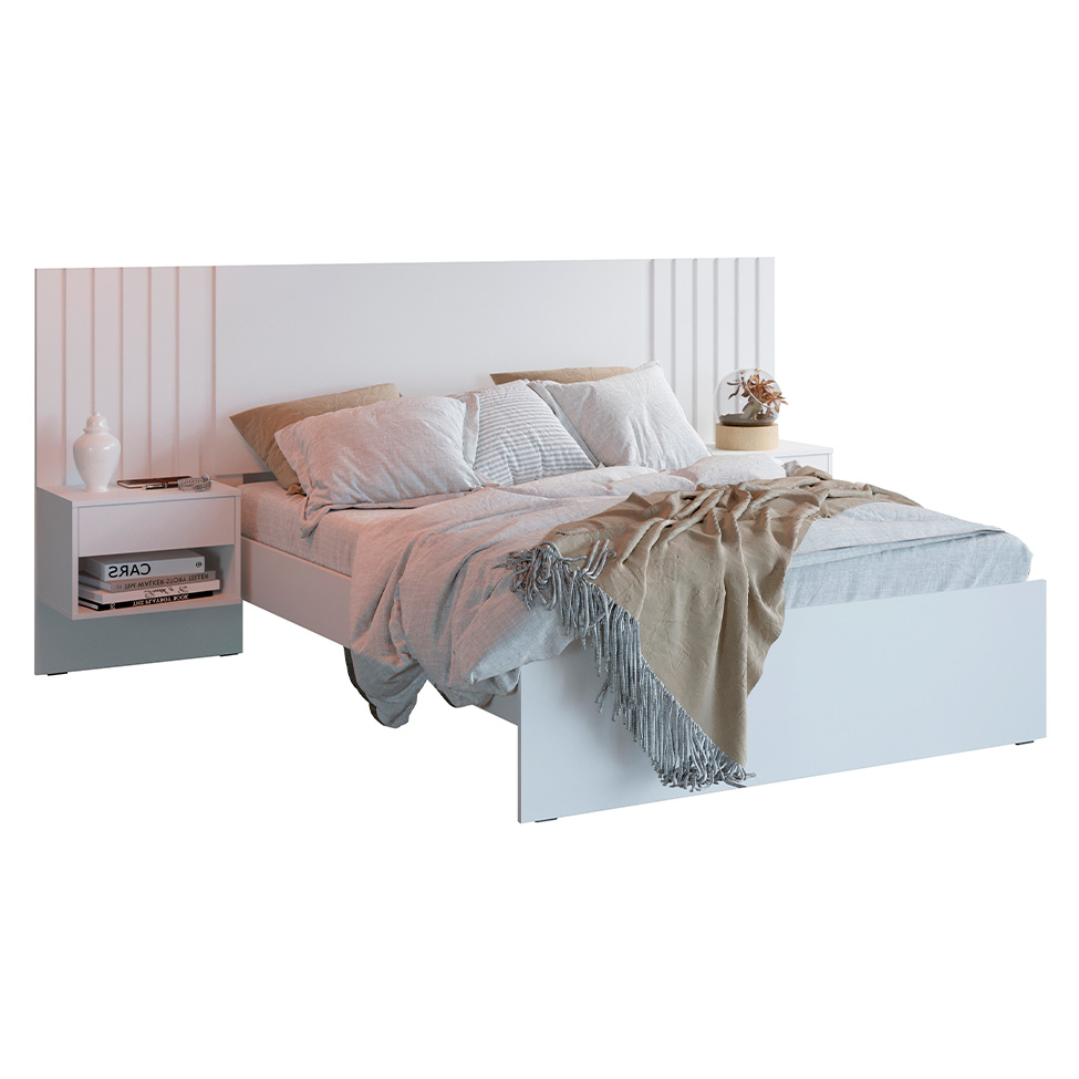 Cama Casal com 2 Mesas de Cabeceira Zara Branca