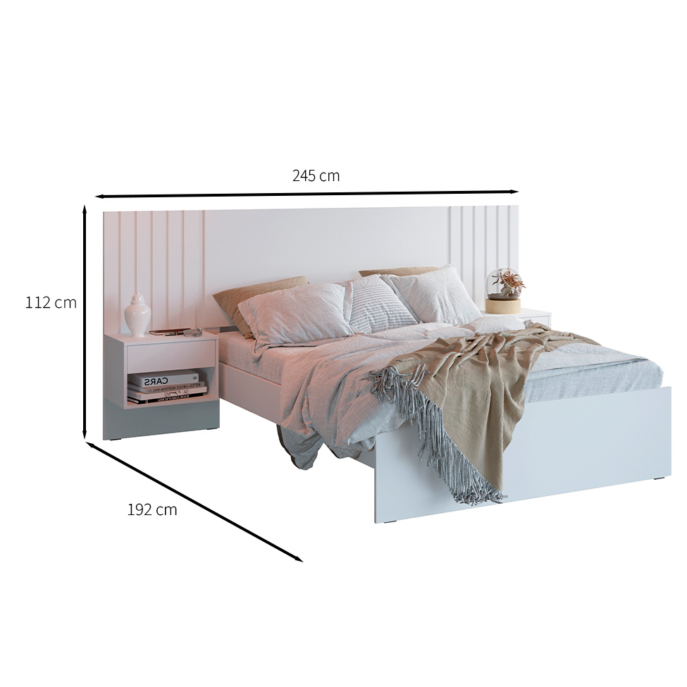 Cama Casal com 2 Mesas de Cabeceira Zara Branca