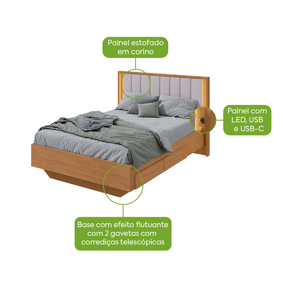 Cama Casal com USB Solaris 2 GV Revestimento Sintético Bege e Amêndoa