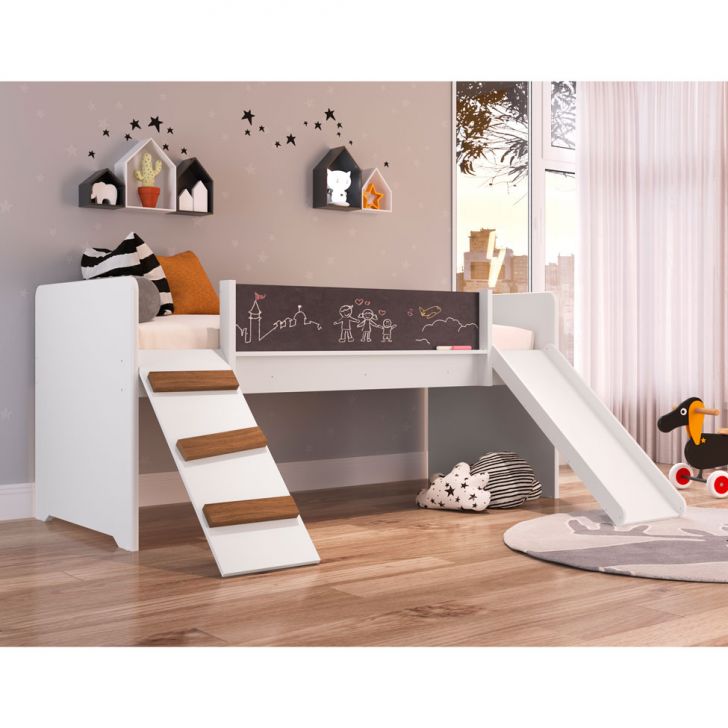 Cama Infantil Épic com Escorregador Branca com Colchão Astra D20 Preto e Cinza