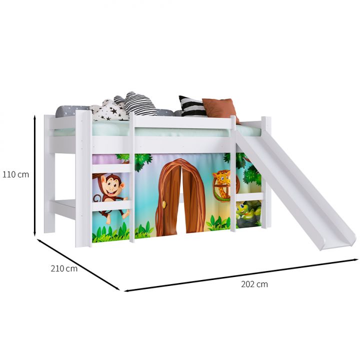 Cama Infantil Elevada com Escorregador Zoo Branca com Colchão Astra D20 Preto e Cinza