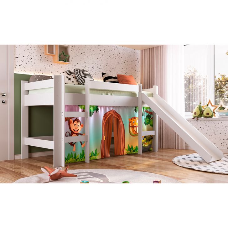 Cama Infantil Elevada com Escorregador Zoo Branca com Colchão Astra D20 Preto e Cinza