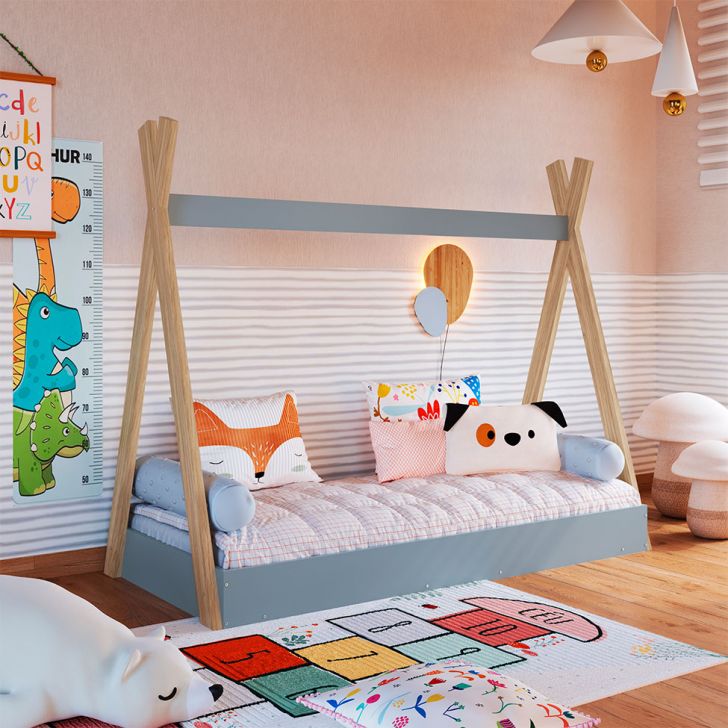 Cama Infantil Montessoriana Cabana Itapuã e Azul com Colchão Astra D20 Preto e Cinza
