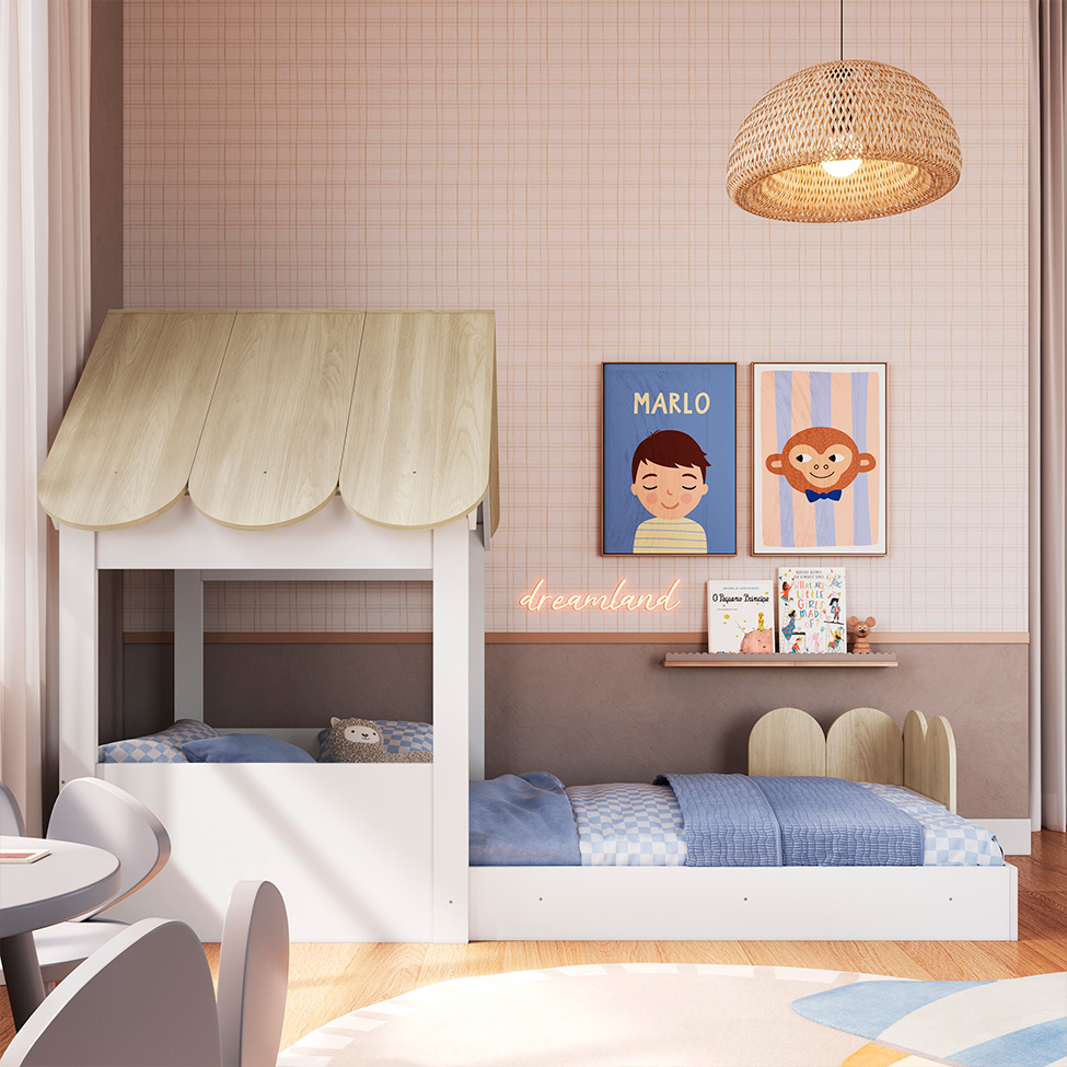 Cama Infantil Montessoriana Casinha Branca e Carvalho