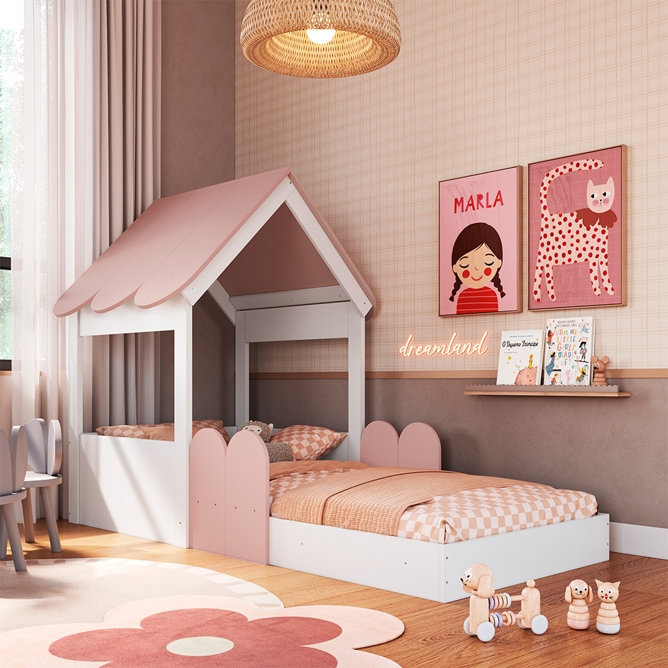 Cama Infantil Montessoriana Casinha Branca e Rosa