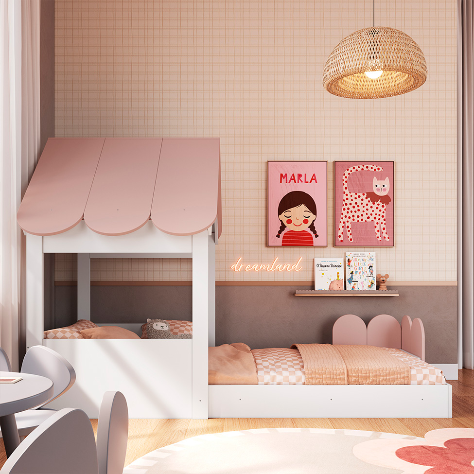 Cama Infantil Montessoriana Casinha Branca e Rosa