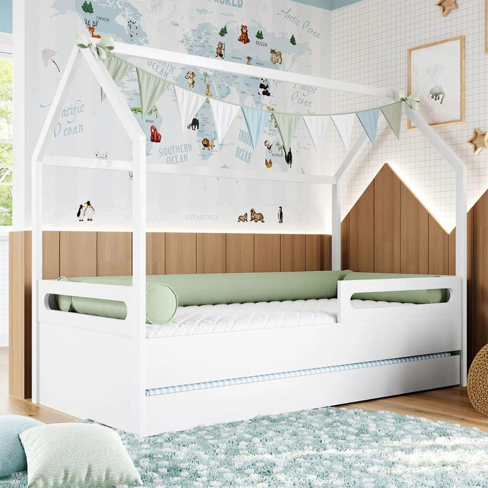 Cama Infantil Montessoriana Casinha Tivoli com Cama Auxiliar Branca