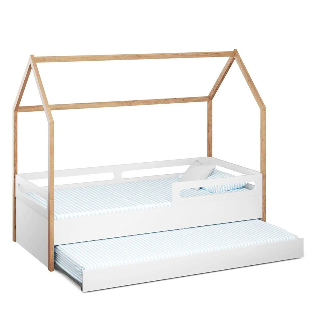 Cama Infantil Montessoriana Casinha Tivoli com Cama Auxiliar Branca e Mel