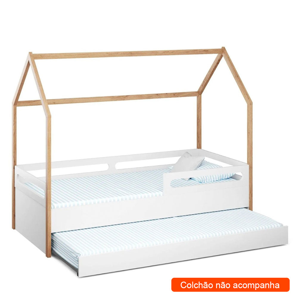 Cama Infantil Montessoriana Casinha Tivoli com Cama Auxiliar Branca e Mel