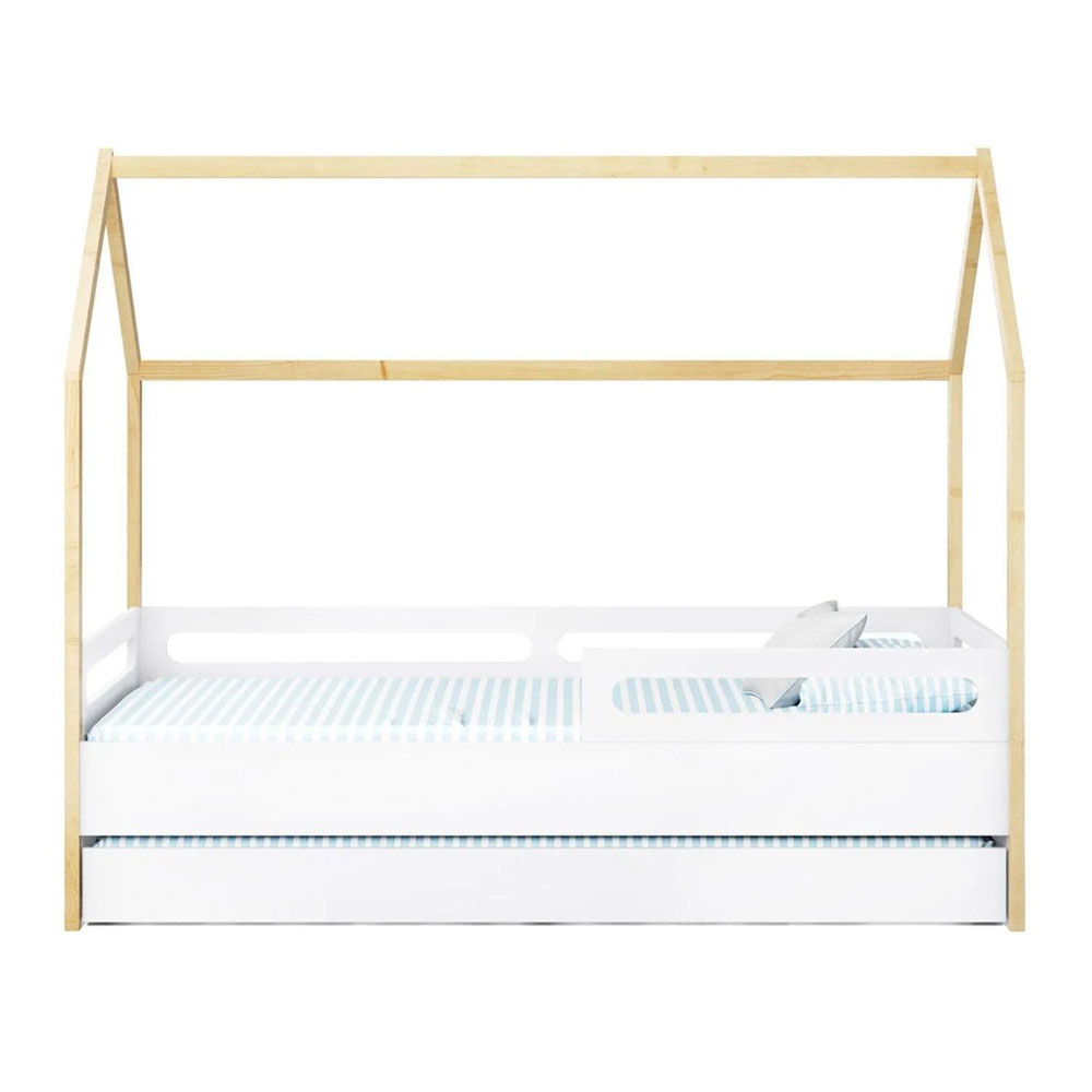 Cama Infantil Montessoriana Casinha Tivoli com Cama Auxiliar Branca e Nature
