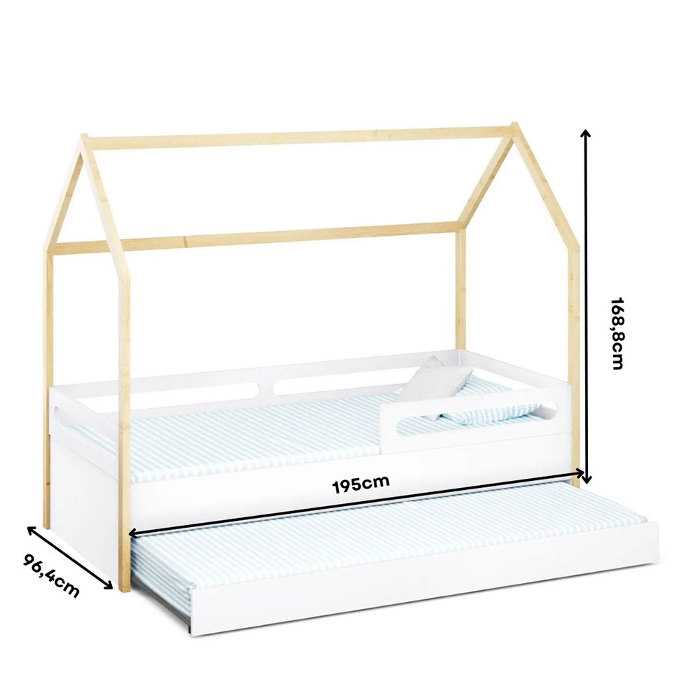 Cama Infantil Montessoriana Casinha Tivoli com Cama Auxiliar Branca e Nature
