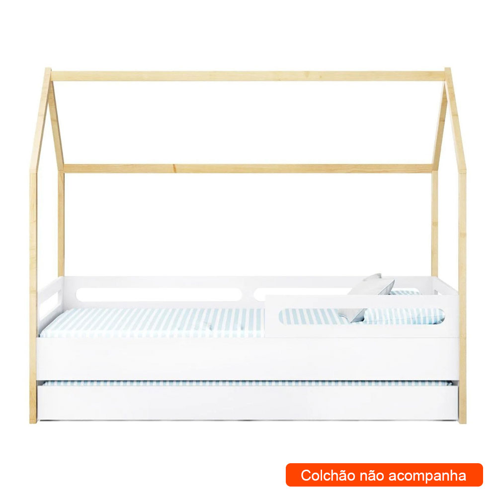 Cama Infantil Montessoriana Casinha Tivoli com Cama Auxiliar Branca e Nature