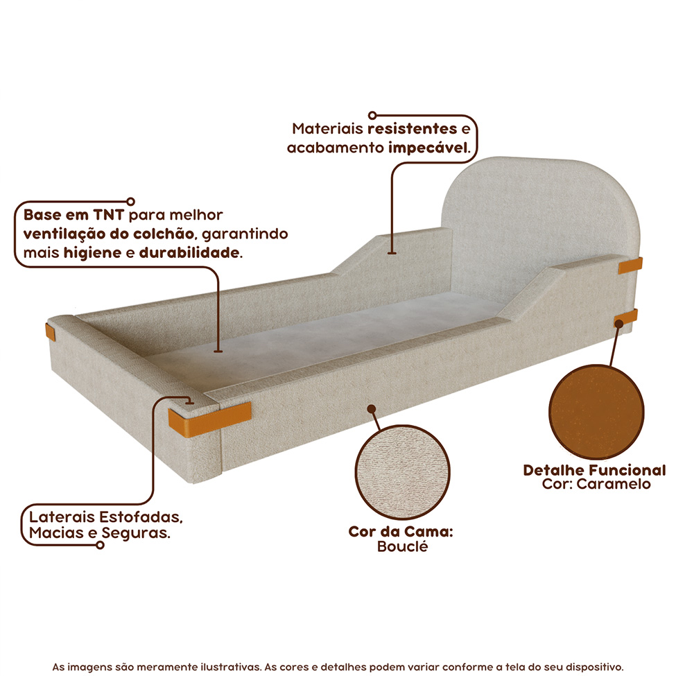 Cama Infantil Montessoriana Mavi Bouclé Bege e Caramelo