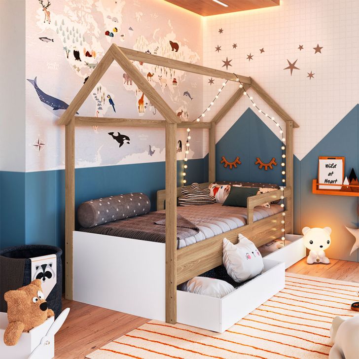 Cama Infantil Montessoriana Miney 2 GV Aveiro e Branco com Colchão Astra D20 Preto e Cinza