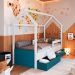 Cama Infantil Montessoriana Miney 2 GV Branco e Azul com Colchão Astra D20 Preto e Cinza