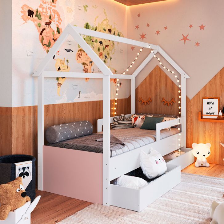 Cama Infantil Montessoriana Miney 2 GV Branco e Rosa com Colchão Astra D20 Preto e Cinza