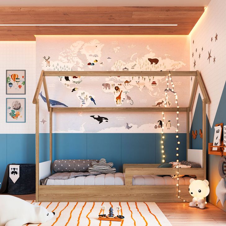 Cama Infantil Montessoriana Miney Aveiro e Branco com Colchão Astra D20 Preto e Cinza