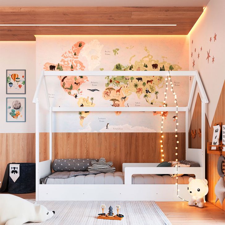 Cama Infantil Montessoriana Miney Branco com Colchão Astra D20 Preto e Cinza