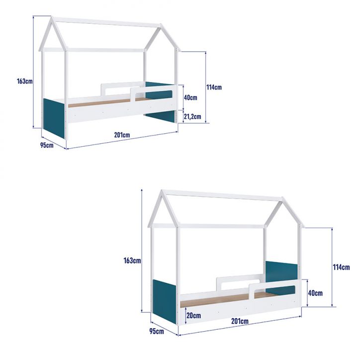 Cama Infantil Montessoriana Miney Branco e Azul com Colchão Astra D20 Preto e Cinza