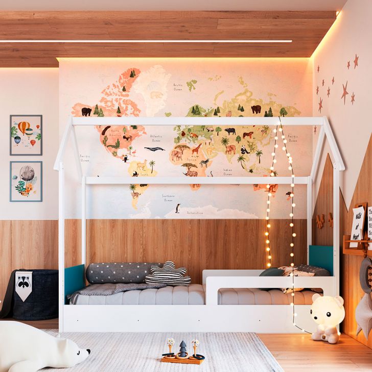 Cama Infantil Montessoriana Miney Branco e Azul com Colchão Astra D20 Preto e Cinza