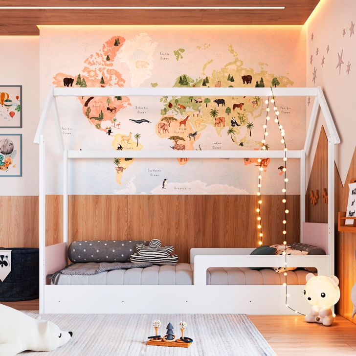 Cama Infantil Montessoriana Miney Branco e Rosa com Colchão Astra D20 Preto e Cinza
