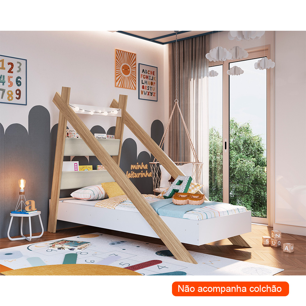 Cama Infantil Montessoriana Reims com Estante Itapuã e Branca