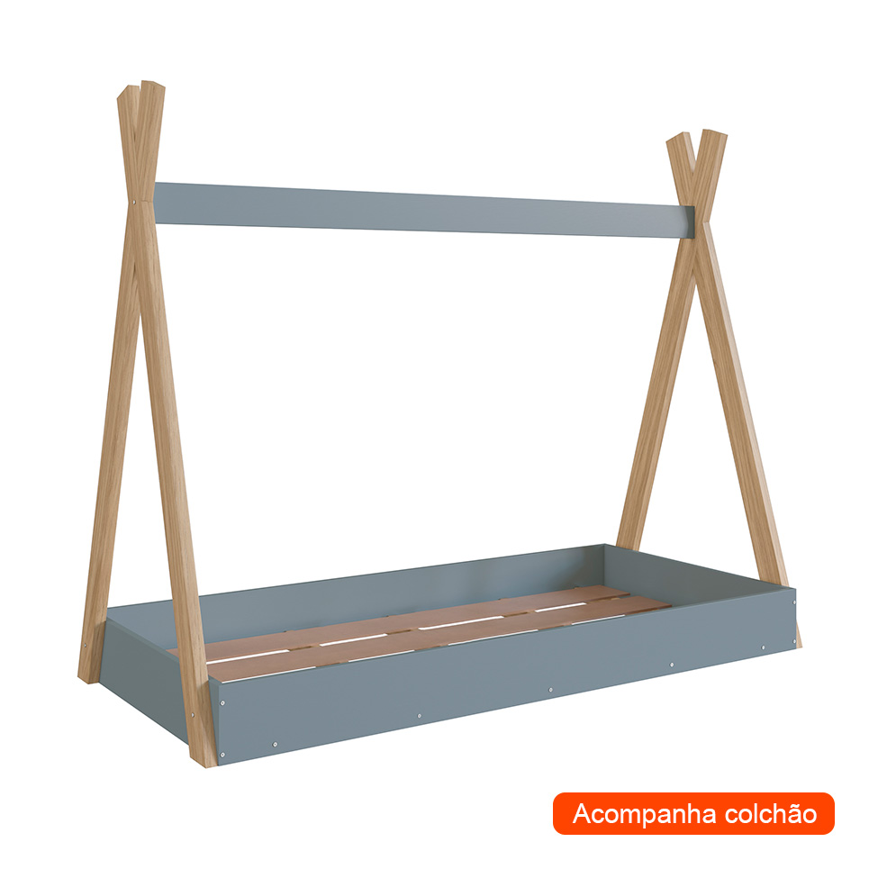 Cama Infantil Montessoriana com Colchão Espuma D23 (12x78x188) Cabana Azul e Itapuã
