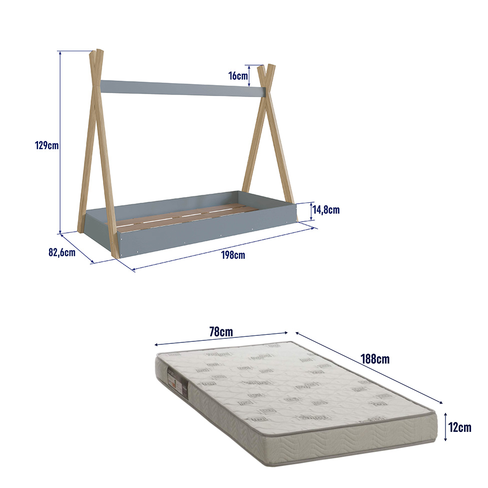 Cama Infantil Montessoriana com Colchão Espuma D23 (12x78x188) Cabana Azul e Itapuã