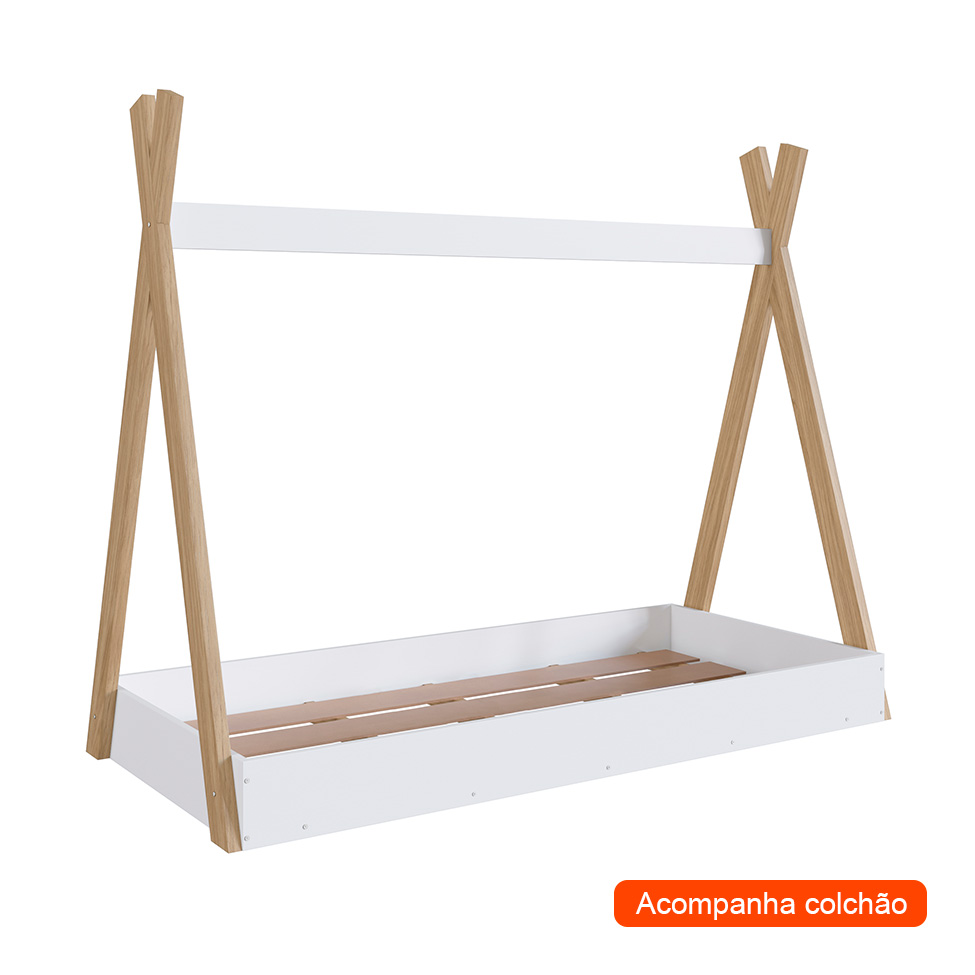 Cama Infantil Montessoriana com Colchão Espuma D23 (12x78x188) Cabana Branca e Itapuã