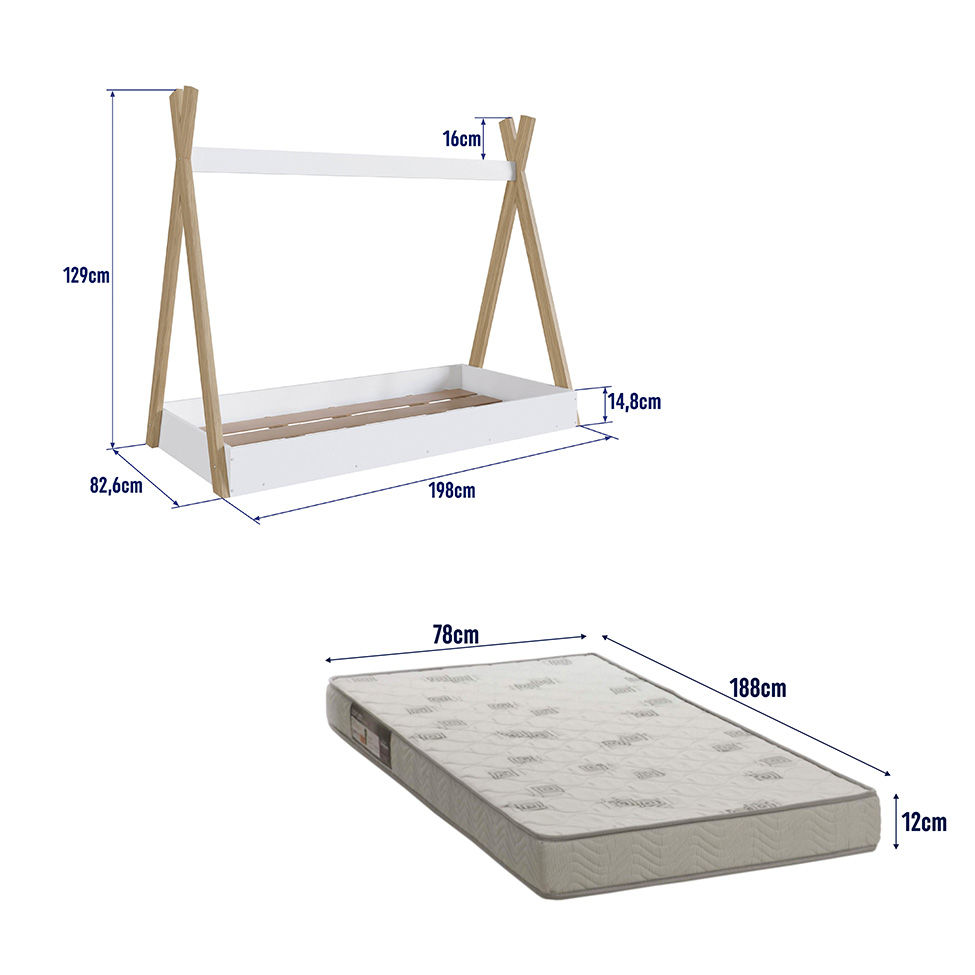 Cama Infantil Montessoriana com Colchão Espuma D23 (12x78x188) Cabana Branca e Itapuã