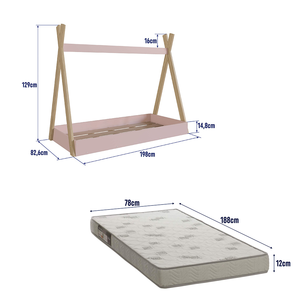 Cama Infantil Montessoriana com Colchão Espuma D23 (12x78x188) Rosa Branca e Itapuã
