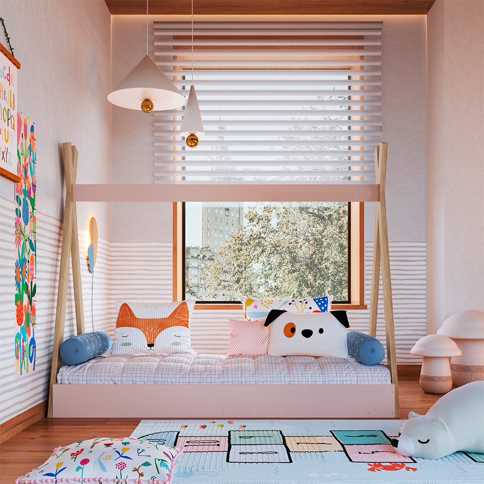 Cama Infantil Montessoriana com Colchão Espuma D23 (12x78x188) Rosa Branca e Itapuã