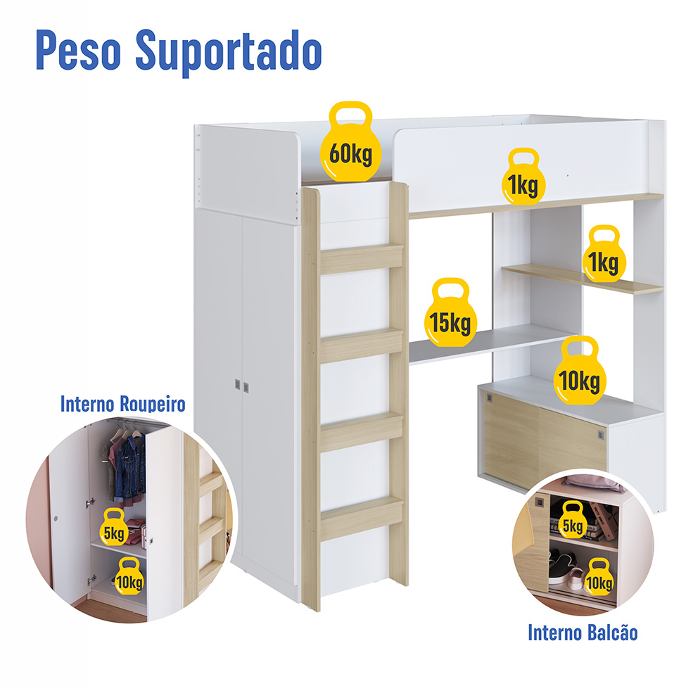 Cama Infantil Multifuncional Cora 4 PT Branca e Carvalho