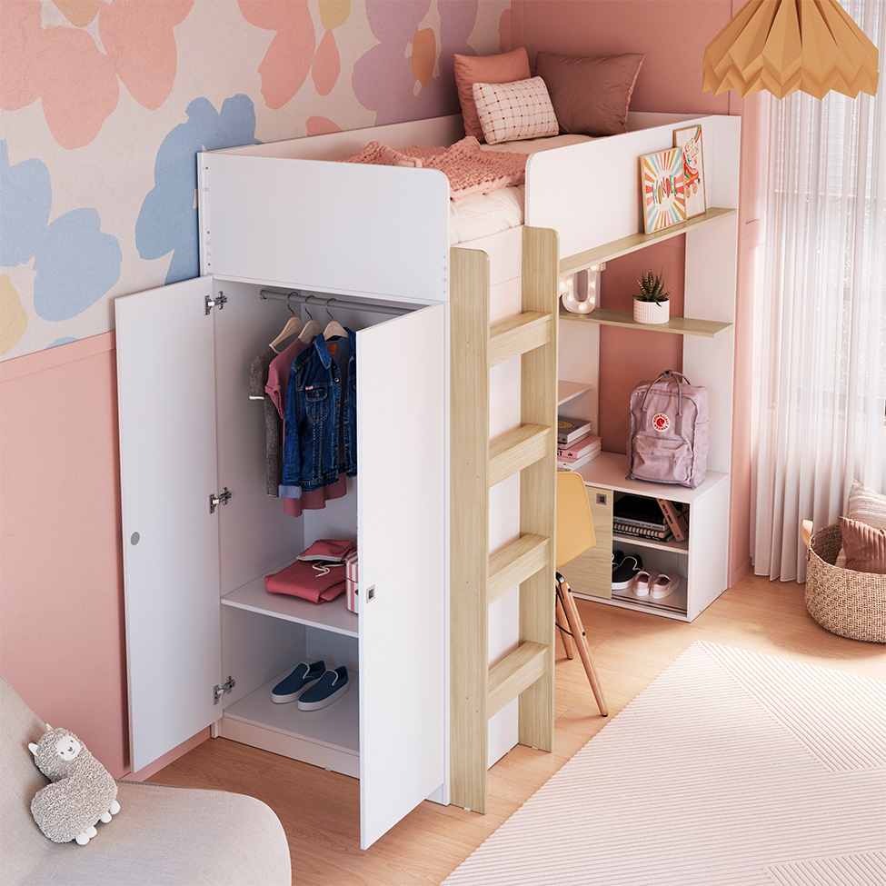 Cama Infantil Multifuncional Cora 4 PT Branca e Carvalho