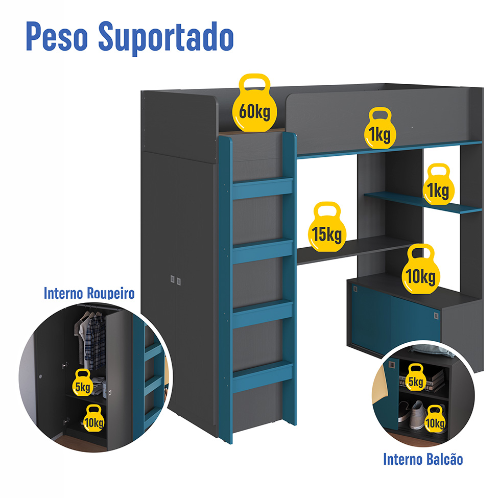Cama Infantil Multifuncional Cora 4 PT Grafite e Azul